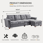 108'' Convertible Sectional Sofa with Storage, 4 Seat L Shaped Couch with Chaise and Cup Holder, Modern Microfiber Fabric Sofas Couches for Living Room, Light Grey