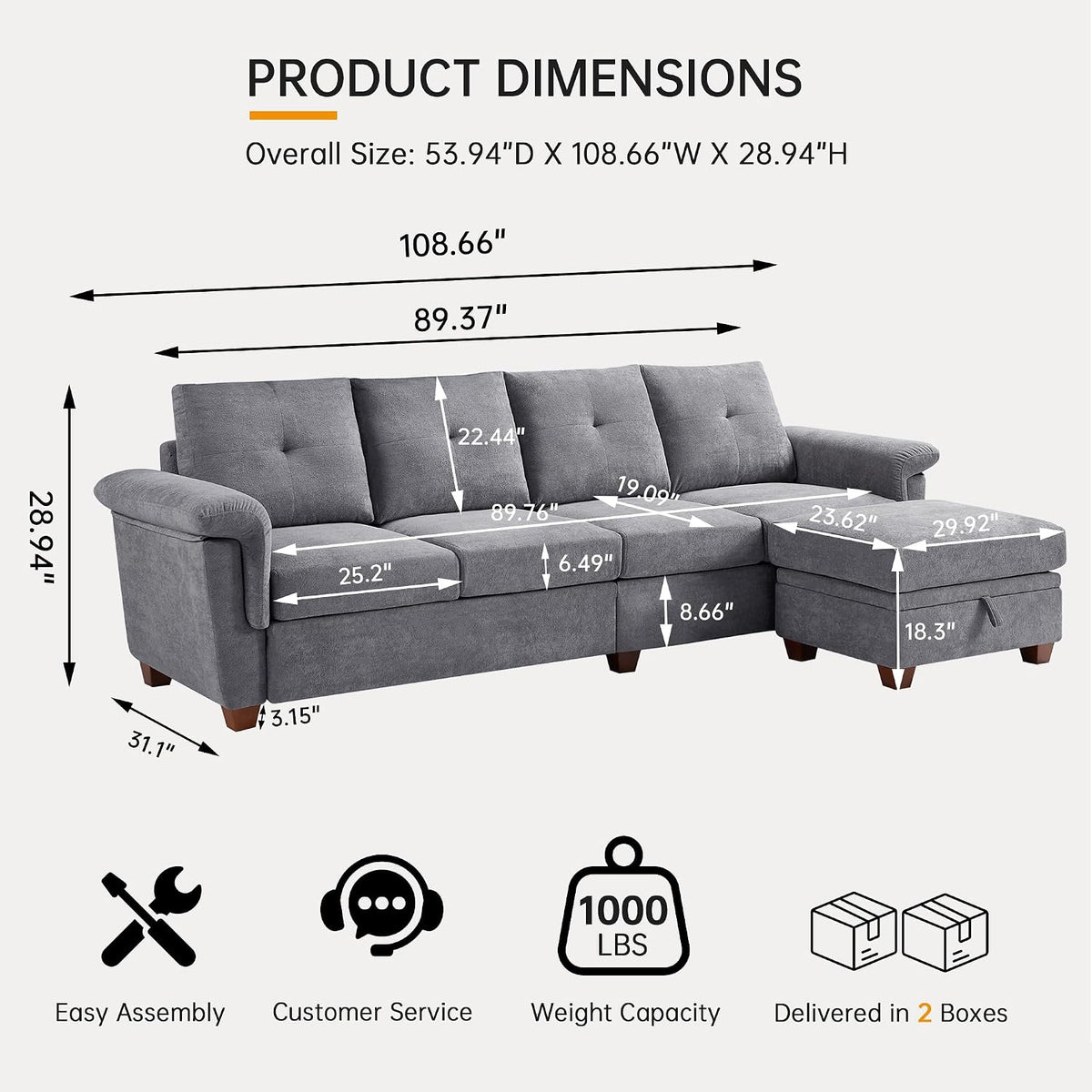 108'' Convertible Sectional Sofa with Storage, 4 Seat L Shaped Couch with Chaise and Cup Holder, Modern Microfiber Fabric Sofas Couches for Living Room, Light Grey