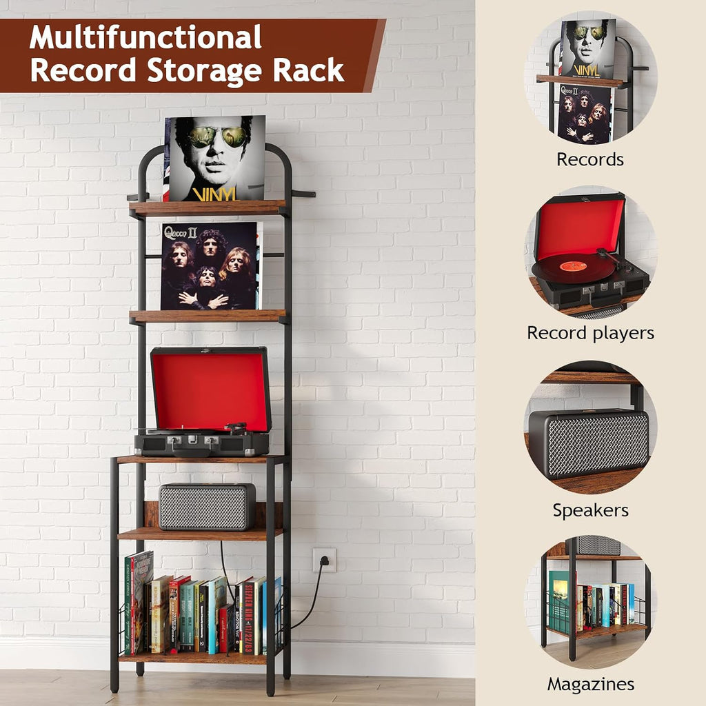 Record Player Stand with Power Outlet, Turntable Stand with 2-Tier Vinyl Record Storage, Record Player Table Up to 200 Albums, End Table for Vinyl Record Holder for Living Room