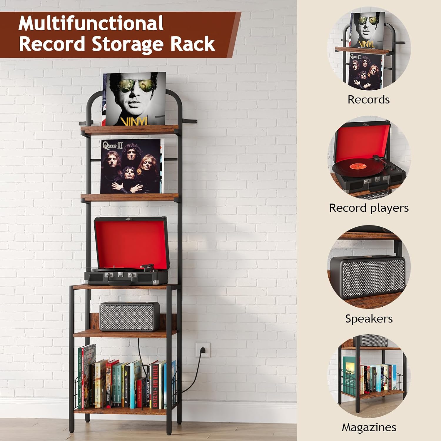 Record Player Stand with Power Outlet, Turntable Stand with 2-Tier Vinyl Record Storage, Record Player Table Up to 200 Albums, End Table for Vinyl Record Holder for Living Room