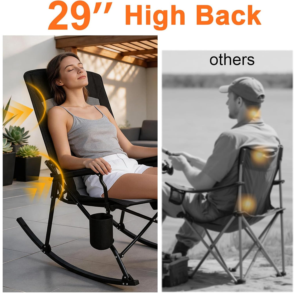 Romswi 2 Pack Rocking Camping Chair for Adult 400LBS Capacity, Heavy Duty Folding Rocking Chairs, Portable Outdoor Rocker with High Back & Hard Armrests for Camping, Beach, Patio, Backyard, Mesh Black