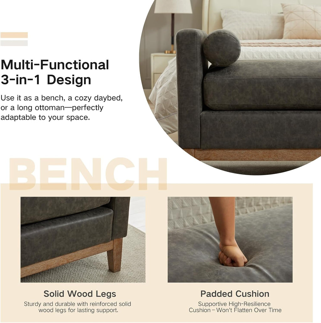End of Bed Bench for Bedroom, 66.34'' Long King Size Vegan Leather Bench with Arms Upholstered Shoe Bench for Entryway, Hallway, Cloakroom, Window Bench (Grey PU).