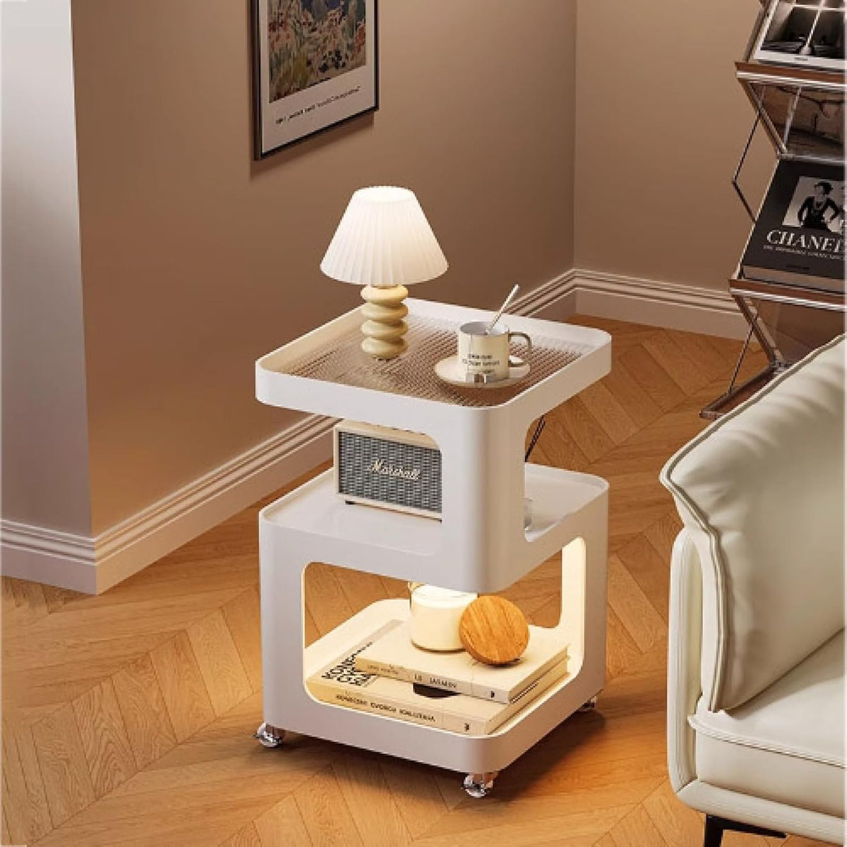 3-Tier End Table,Sofa End Can Rotate Square End Side Tables Glass Top Coffee Table with Sensor Light Accent Bedside Table with Storage Shelf Nightstand for Bedroom,Living Room,Kitchen,Bathroom