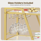 YATINEY Bar Cart, 3-Tier Home Bar Serving Cart with Wheels, Drink Cart with Glass Holder, Beverage Cart, Rolling Kitchen Cart, for Home, Living Room, Transparent and Gold BC03GD