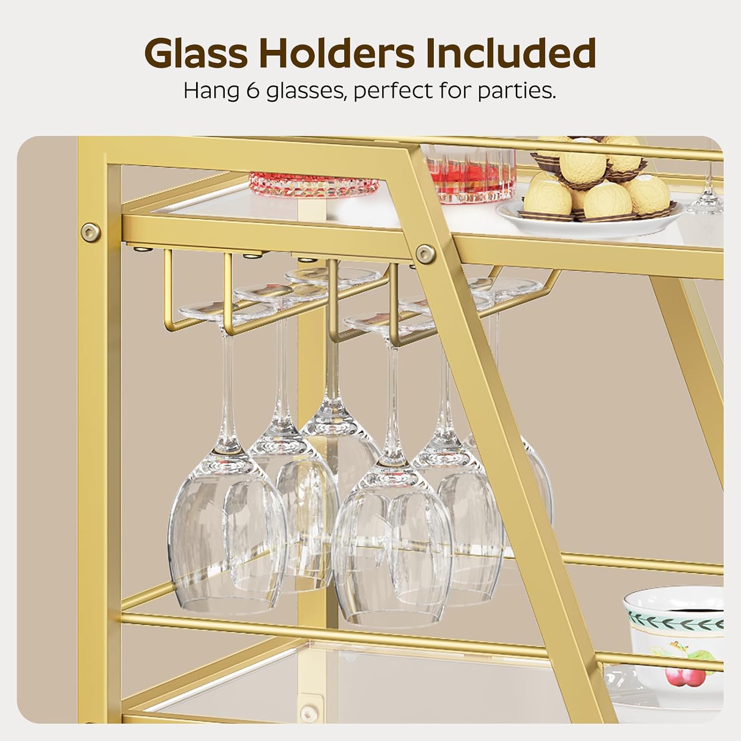 YATINEY Bar Cart, 3-Tier Home Bar Serving Cart with Wheels, Drink Cart with Glass Holder, Beverage Cart, Rolling Kitchen Cart, for Home, Living Room, Transparent and Gold BC03GD