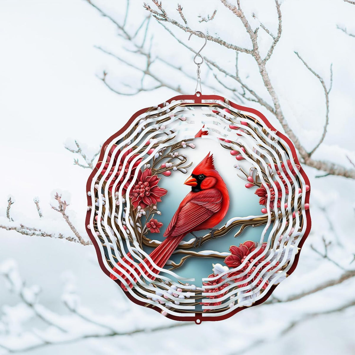 3D Cardinal Bird Wind Spinner 10 Inch Stainless Steel Metal Art Kinetic Sculpture Red Bird Hanging Ornament for Garden, Yard, Patio, and Home Décor Christmas Decor
