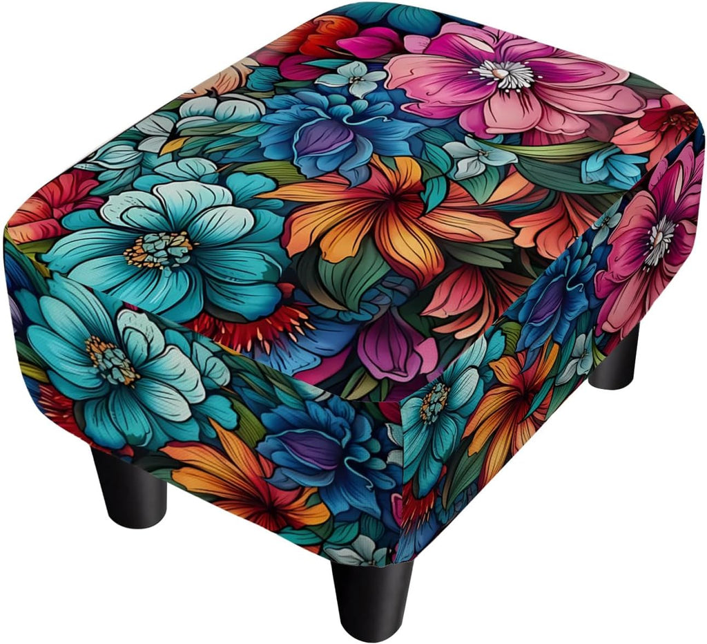Flower Small Foot Stool Ottoman, Vintage Floral Linen Footrest for Couch | Soft Padded Cushion, Sturdy 4-Leg Frame, Non-Slip Feet, Compact 15" Size, Easy Assembly, Versatile Use