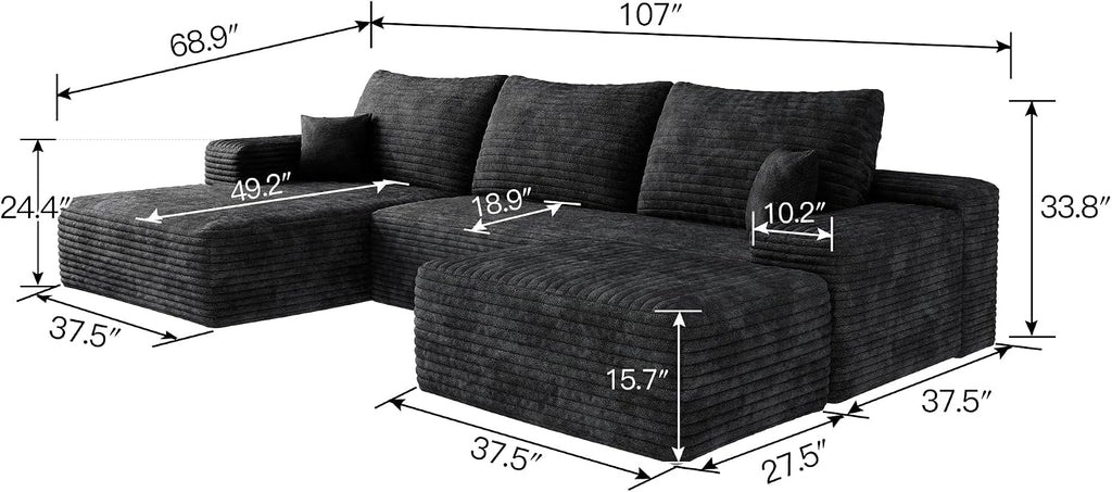 107" W Corduroy Sectional Cloud Couch with Chaise & Ottoman, No Assembly Required, U Shaped Modular Sectional Sofa, Cozy Fluffy Sofa for Living Room (Black, Left Facing Chaise+Ottoman)