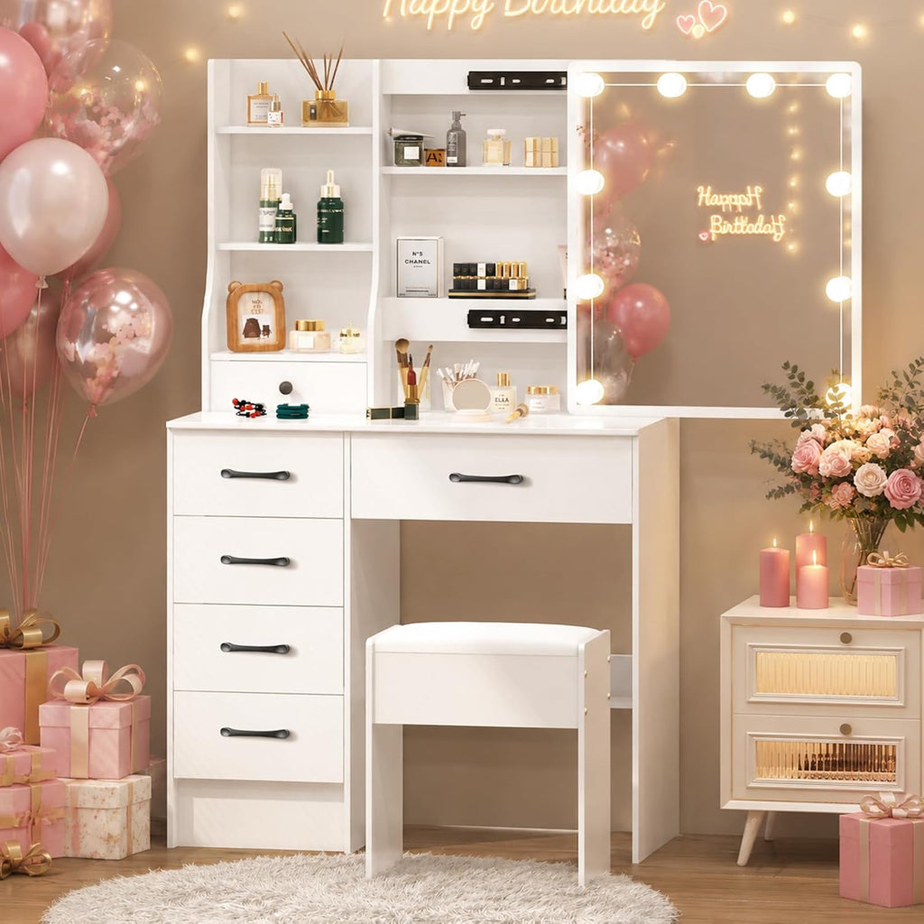Vanity Desk with Mirror and Lights, 6 Drawers 6 Shelves 1 Stool & Sildeable Mirror Makeup Vanity, 3 Modes Light Adjustable, White, 51" H
