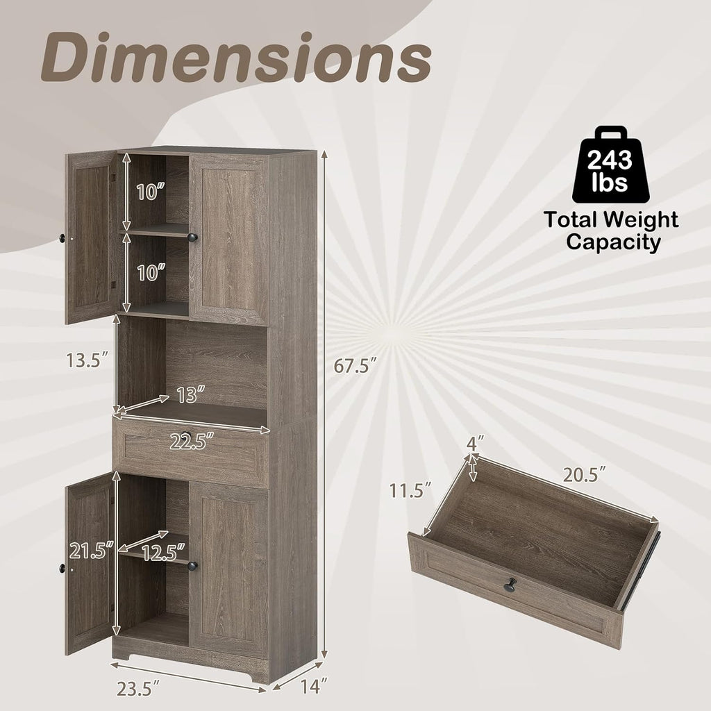 GOFLAME 67.5" Tall Pantry Cabinet, Freestanding Kitchen Pantry Cupboard with 4 Doors, 1 Drawer, & Open Compartment, Floor Storage Cabinet with Adjustable Shelf for Bathroom, Living Room (Gray Oak)