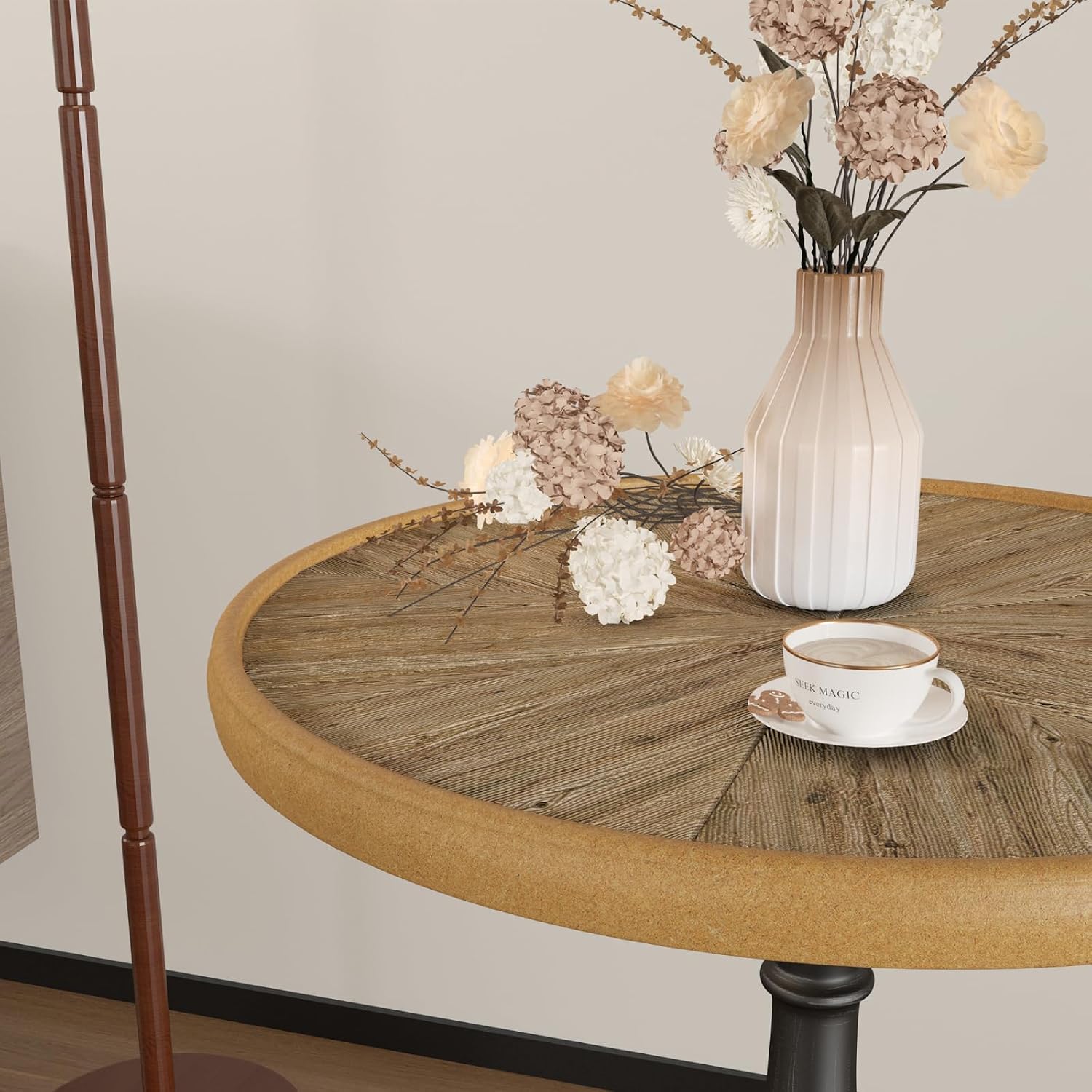 Retro Side Table Round End Table - 20" French Country Wooden Coffee Table with Metal Legs, Vintage Accent Table for Living Room, Bedroom, Farmhouse, Café (Distressed White)