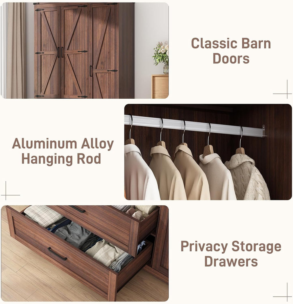 Hlivelood 3 Doors Wardrobe Armoire Closet with Doors and Drawers, Farmhouse Wooden Armoire Storage Cabinet with Shelves & Hanging Rod for Bedroom, Brown