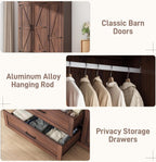 Hlivelood 3 Doors Wardrobe Armoire Closet with Doors and Drawers, Farmhouse Wooden Armoire Storage Cabinet with Shelves & Hanging Rod for Bedroom, Brown