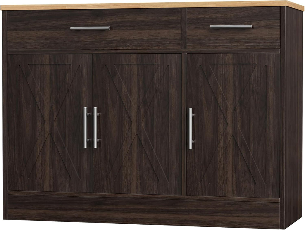 Shintenchi Modern Farmhouse Sideboard Buffet Cabinet,Barn Doors Buffet Cabinet with 2 Drawers & 3 Doors,Wood Coffee Bar Cabinet with Adjustable Shelf for Kitchen Living Room,Brown