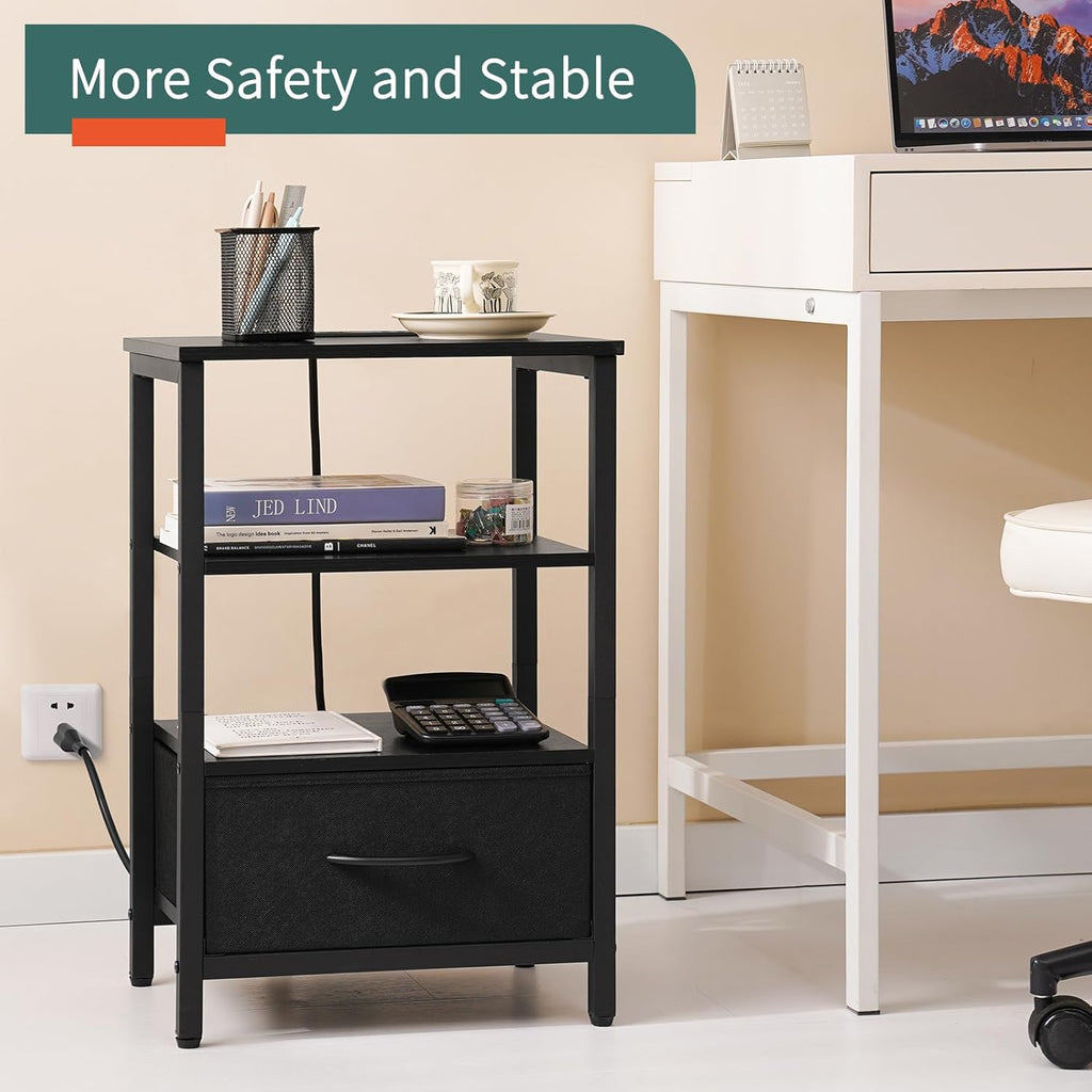 Yoobure Side Table with Storage, LED Night Stand with Charging Station, End Tables Living Room, Nightstand for Bedroom with Adjustable Fabric Drawer, 3-Tier Wood Bedside Table, Black