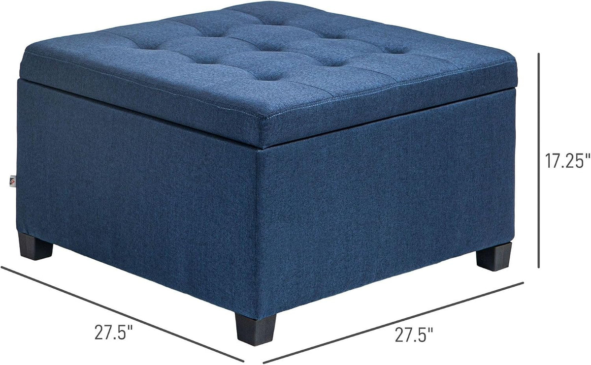 Round Storage Button Tufted Flip Top Ottoman in Deep Blue Velvet Fabric Comfortable Upholstery and Modern Design