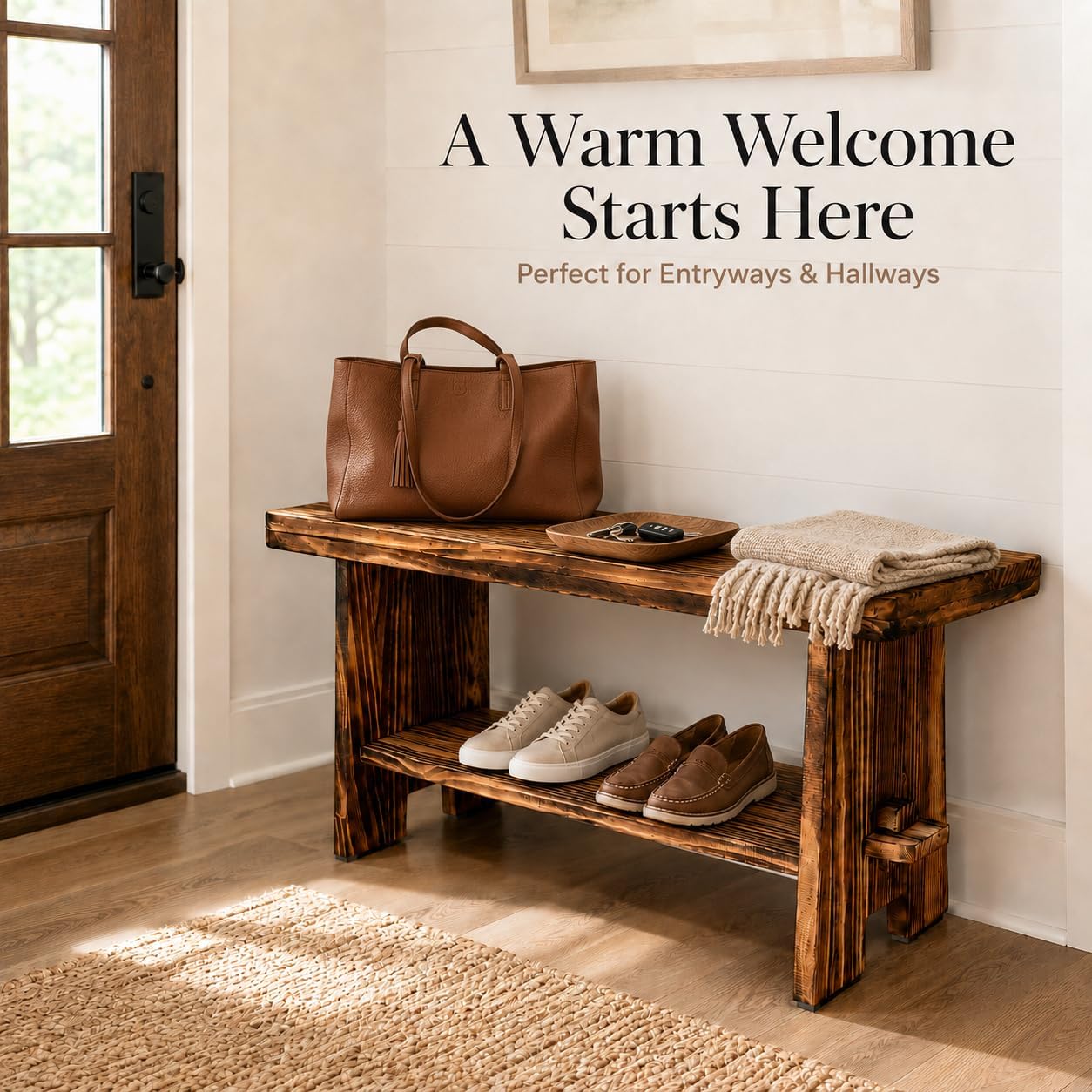 31.5" Solid Wood Entryway Bench, Farmhouse Rustic Storage Bench for Small Spaces, Narrow Indoor Bench Seat for Hallway, Living Room, Dining Room & Mudroom, Mortise-and-Tenon Base, Rustic Brown