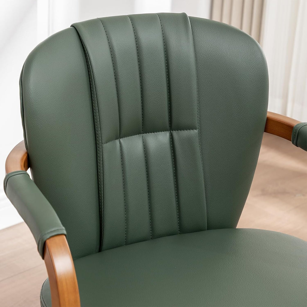 Swivel Dining Chairs Mid Century Modern Green Faux Leather Upholstered Kitchen Chairs with Bentwood Frame Armrests Side Chairs,Comfortable Ergonomic Wood Accent Chair No Wheels,1PCS