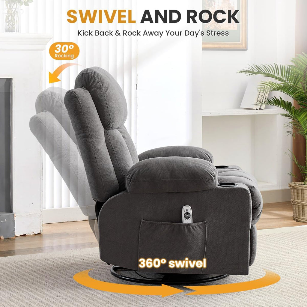 Swivel Rocker Recliner Chair with Vibration Massage & Lumbar Heating, Ergonomic Lounge Chair for Living Room, Rocking Function, Side Pocket, 2 Cup Holders, USB Charging Port