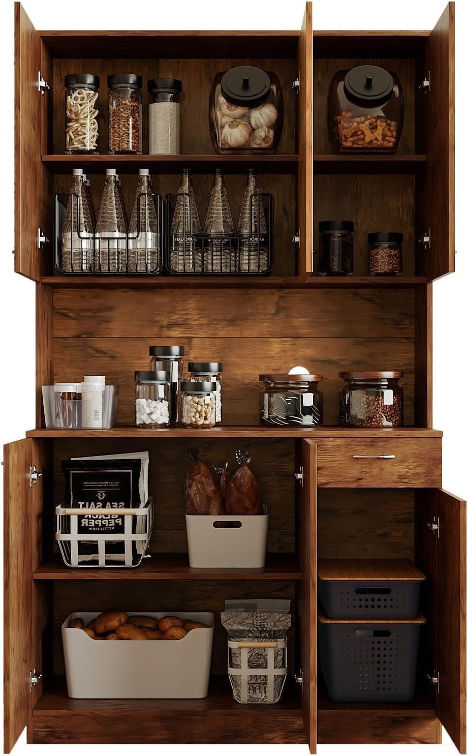 71" Kitchen Pantry Cabinets with Microwave Stand, 6 Doors & 3 Adjustable Shelves, Freestanding China Cabinet Hutch, Buffet Cabinet with Storage, Walnut
