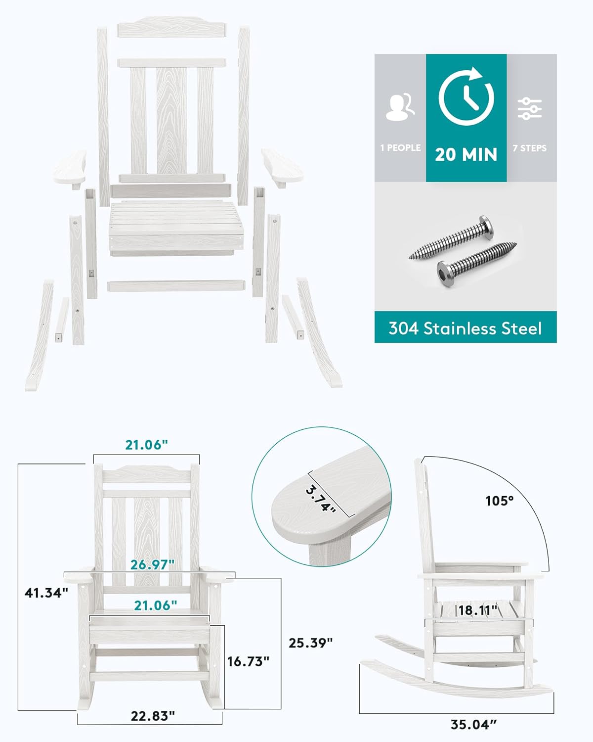 SERWALL Oversized Outdoor Rocking Chair Set of 2, HDPE Outdoor Rocking Chair for Adults, White