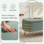 Modern Storage Ottoman Bench, Teddy Upholstered Entryway Bench with Gold Legs, Vintage End of Bed Bench with Safety Hinge, Padded Bench with Storage for Living Room, Bedroom, Entryway (Green)