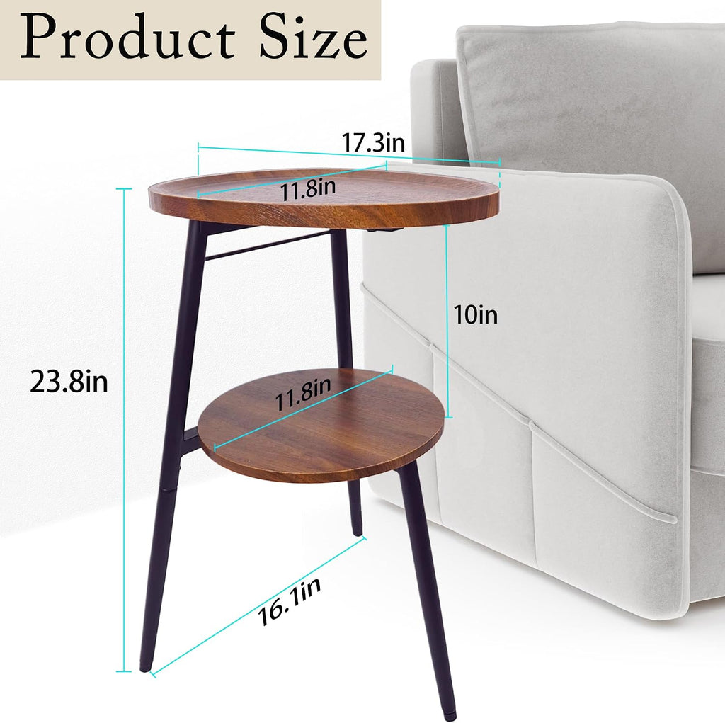 Side Table Small End Table, Oval Round Wood Sofa Table, 2 Tier Accent Table Nightstand Bedside Table with Metal Frame for Living Room, Bedroom, Small Spaces (Rustic Brown)