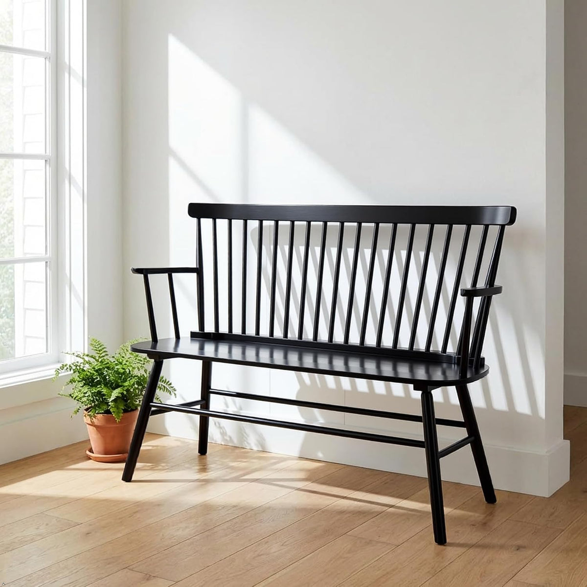 EpiBench Black Windsor Spindleback Bench with Arms, Manufactured Wood, 47.5", 300 LBS Capacity, Entryway Seating