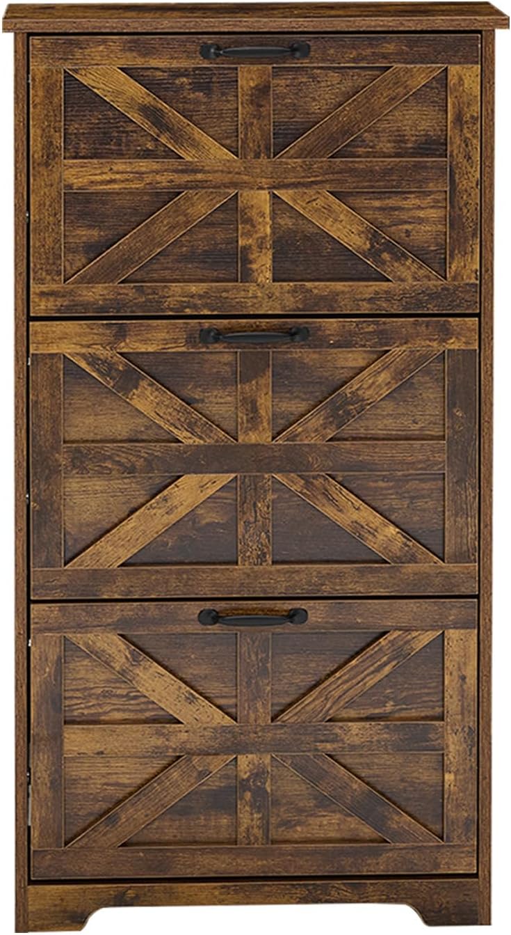 Shoe Cabinet with 3 Flip Drawers, Farmhouse Shoe Storage for Entryway, Wooden Shoe Organizer Cabinet with Adjustable Shelves, Hidden Slim Shoe Cabinet for Hallway, Living Room, Brown