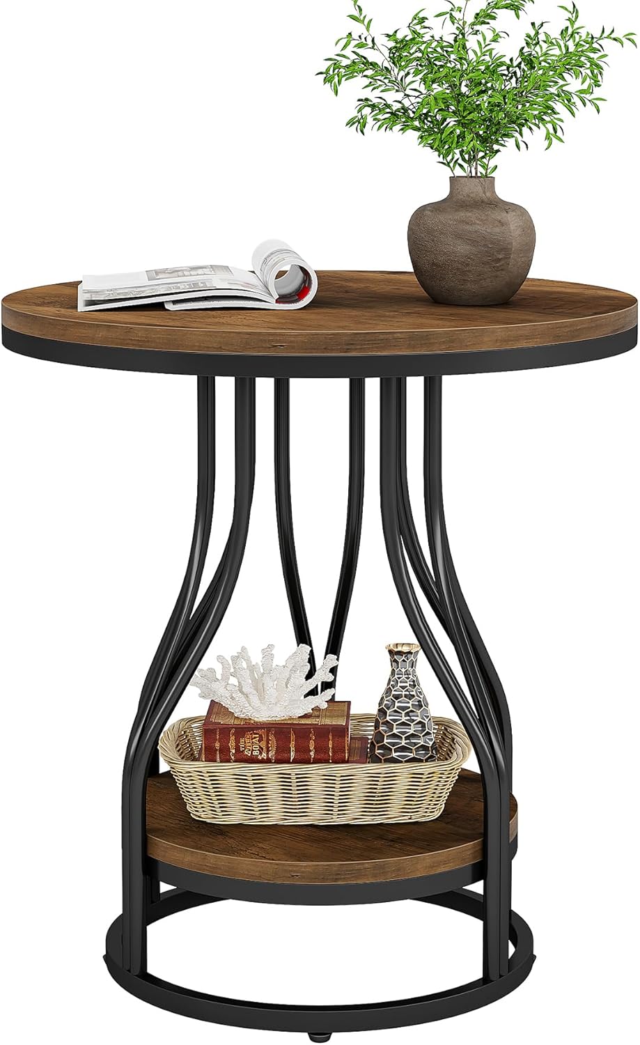 Tribesigns Round Side End Table 2-Tier End Tables Modern Bedside Table Small Chirside Tables with Storage for Couch Side, Nightstand with Metal Frame for Living Room (1, Brown+Black)
