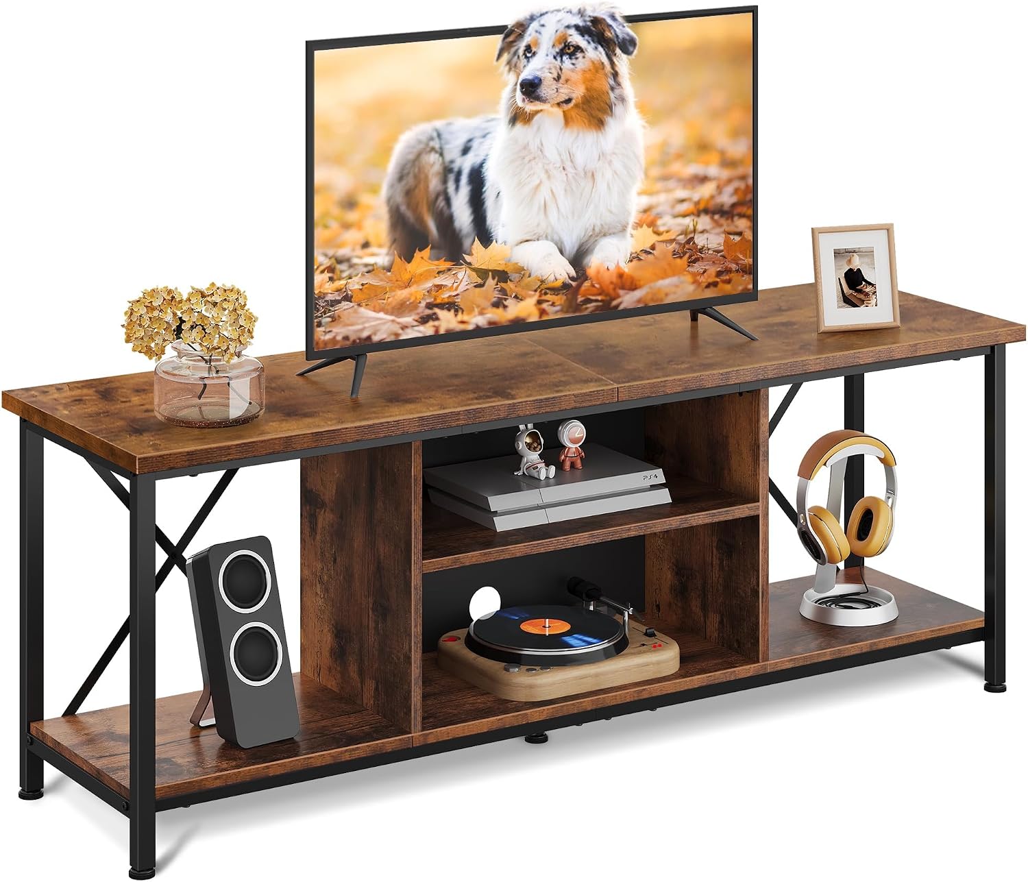 WLIVE Industrial TV Stand for Up to 65 inch TV, Heavy-Duty Metal Frame Entertainment Center with Adjustable Shelves & Cable Management, Media TV Console for Living Room Bedroom, Rustic Brown