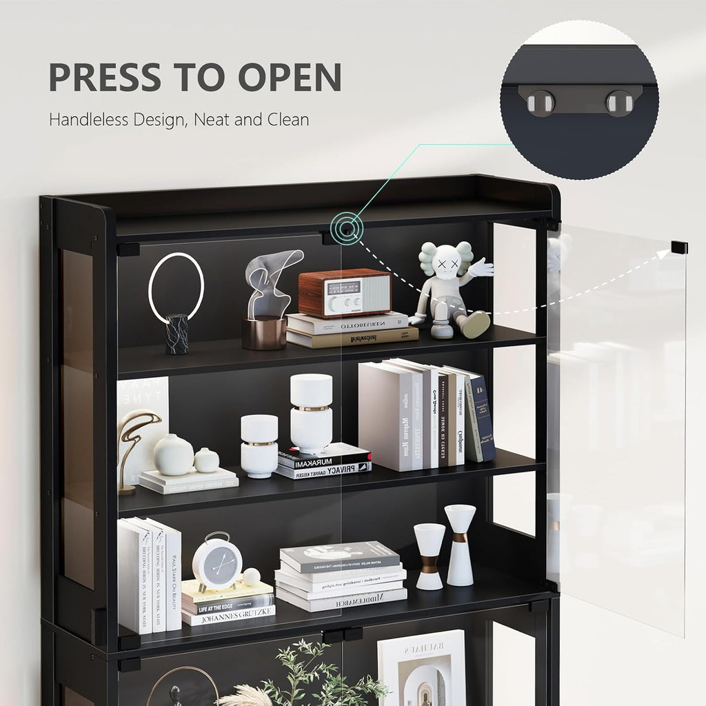 ROCHECASA Glass Display Cabinet 69''H with LED Lights, 5-Tier Showcase with Drawers, Collectible Figure Display Case, Freestanding Curio Cabinet, Tall Storage Shelves, Black, 27.6''W