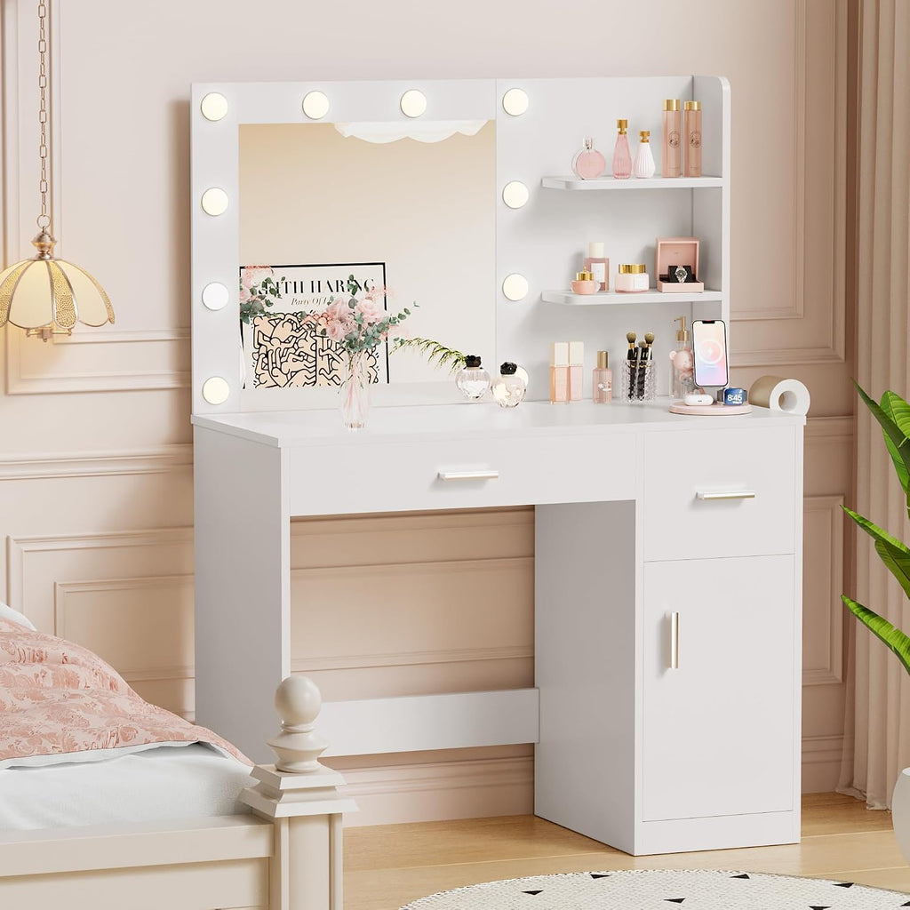 YESHOMY 35.4" Vanity Desk with Mirror & Lights, Power Outlet,Fresh White | 3 Storage Shelves, Makeup Vanity Table with Open Shelves for Bedroom Dressing Room