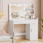 YESHOMY 35.4" Vanity Desk with Mirror & Lights, Power Outlet,Fresh White | 3 Storage Shelves, Makeup Vanity Table with Open Shelves for Bedroom Dressing Room
