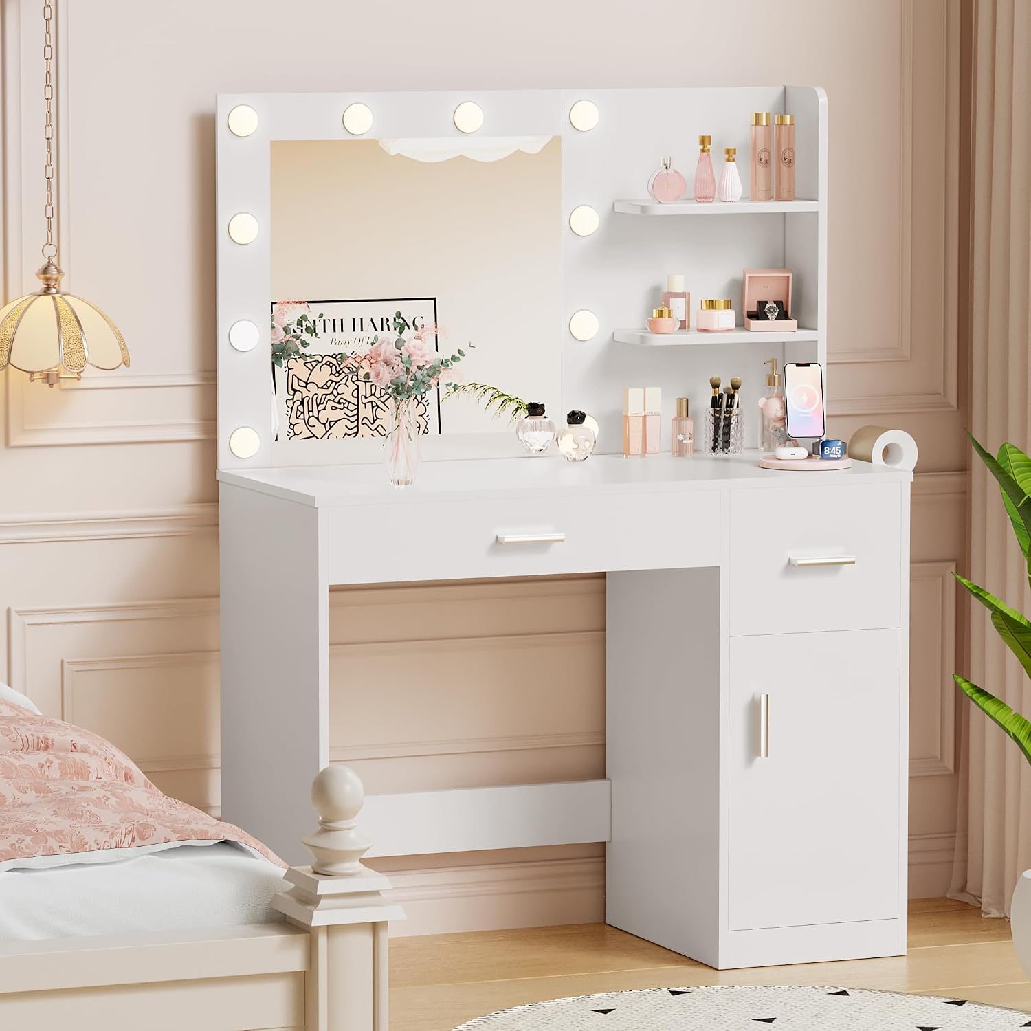 YESHOMY 35.4" Vanity Desk with Mirror & Lights, Power Outlet,Fresh White | 3 Storage Shelves, Makeup Vanity Table with Open Shelves for Bedroom Dressing Room