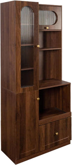 Pantry Cabinet, 71" Kitchen Buffet Hutch with Fluted Glass & Pull-Out | Multi-tier storage with fluted glass door, pull-out shelf & deep drawer for kitchen, dining room & coffee bar organizing