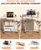 QZMDSM Portable Desk with Wheels Small Standing Desk on Wheels Adjustable Height Rolling Desks for Small Spaces, 32" Computer Desks with Storage Shelves for Home Office Study White