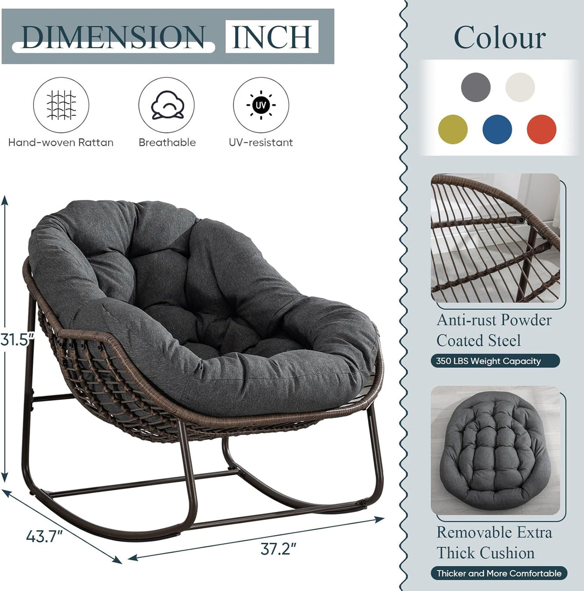 Outdoor Rocking Chair Set of 2, Patio Oversized Wicker Egg Rocking Chair, Indoor & Outdoor Comfy Rocker Chair with Thick Cushion, Modern Lounge Chair for Balcony, Porch, Garden, Backyard, Deck, Grey