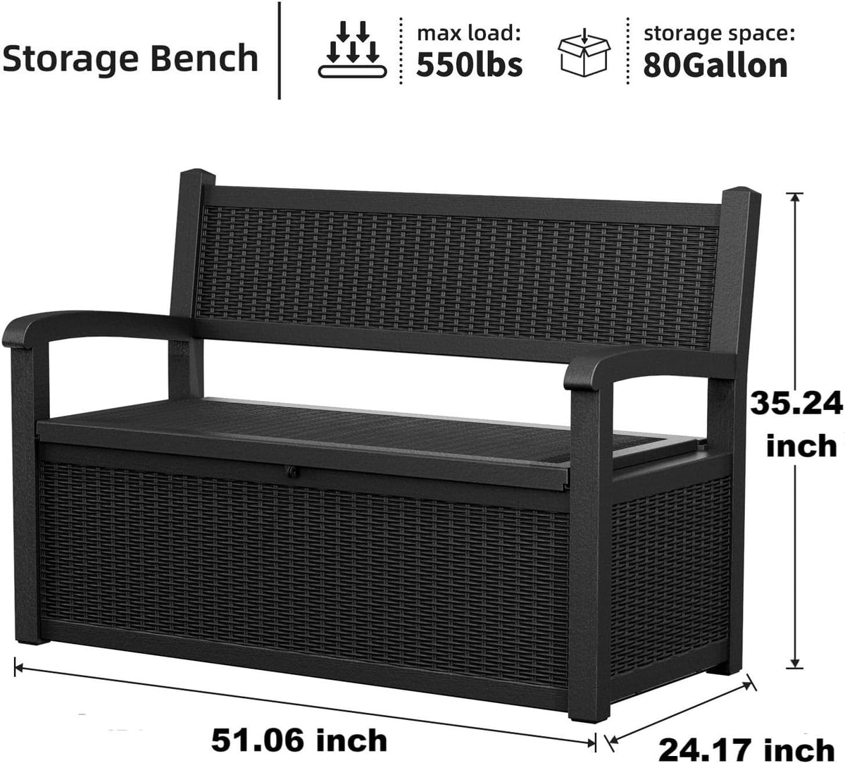 PatioZen 80 Gallon Outdoor Storage Bench Deck Box Waterproof Lockable,Outdoor Storage Furniture for Patio,Garden and Porch,Tools and Cushions（Black）