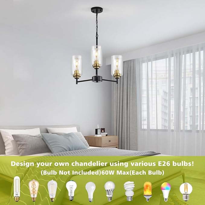 9MMML 3 Lights Black and Gold Chandelier, Modern Glass Ceiling Chandelier Light Fixture for Dining Room, Kitchen, Over Table,Foyer, E26 Base