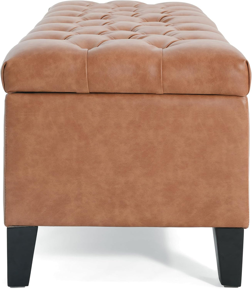 PU Storage Ottoman Bench - Leather Storage Bench End of Bed with Safety Hinges, Tufted Ottoman for Living, Dining Room, Entryway and Hallway, Brown
