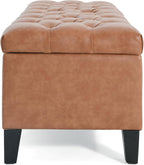 PU Storage Ottoman Bench - Leather Storage Bench End of Bed with Safety Hinges, Tufted Ottoman for Living, Dining Room, Entryway and Hallway, Brown