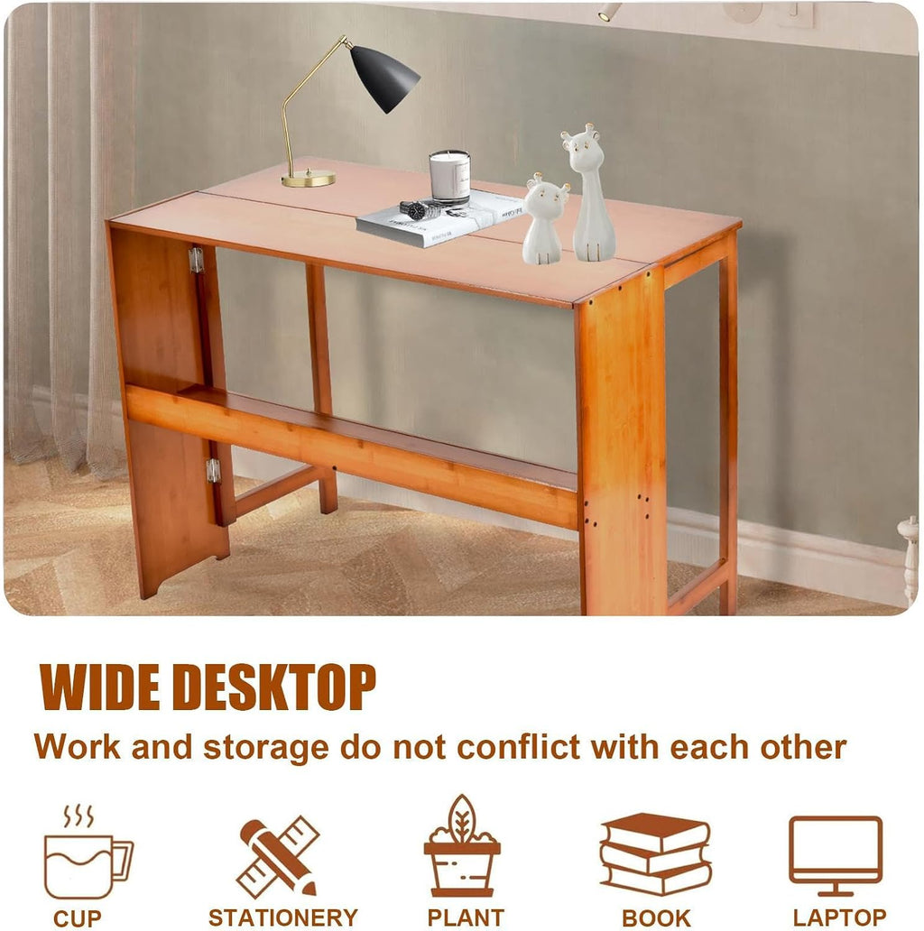 41'' Bamboo Folding Desk with Bookshelf, Space-Saving Foldable Computer Desk, Mid Century Modern Style Foldable Study Table for Home, Office, Bedroom, Small Spaces, Brown