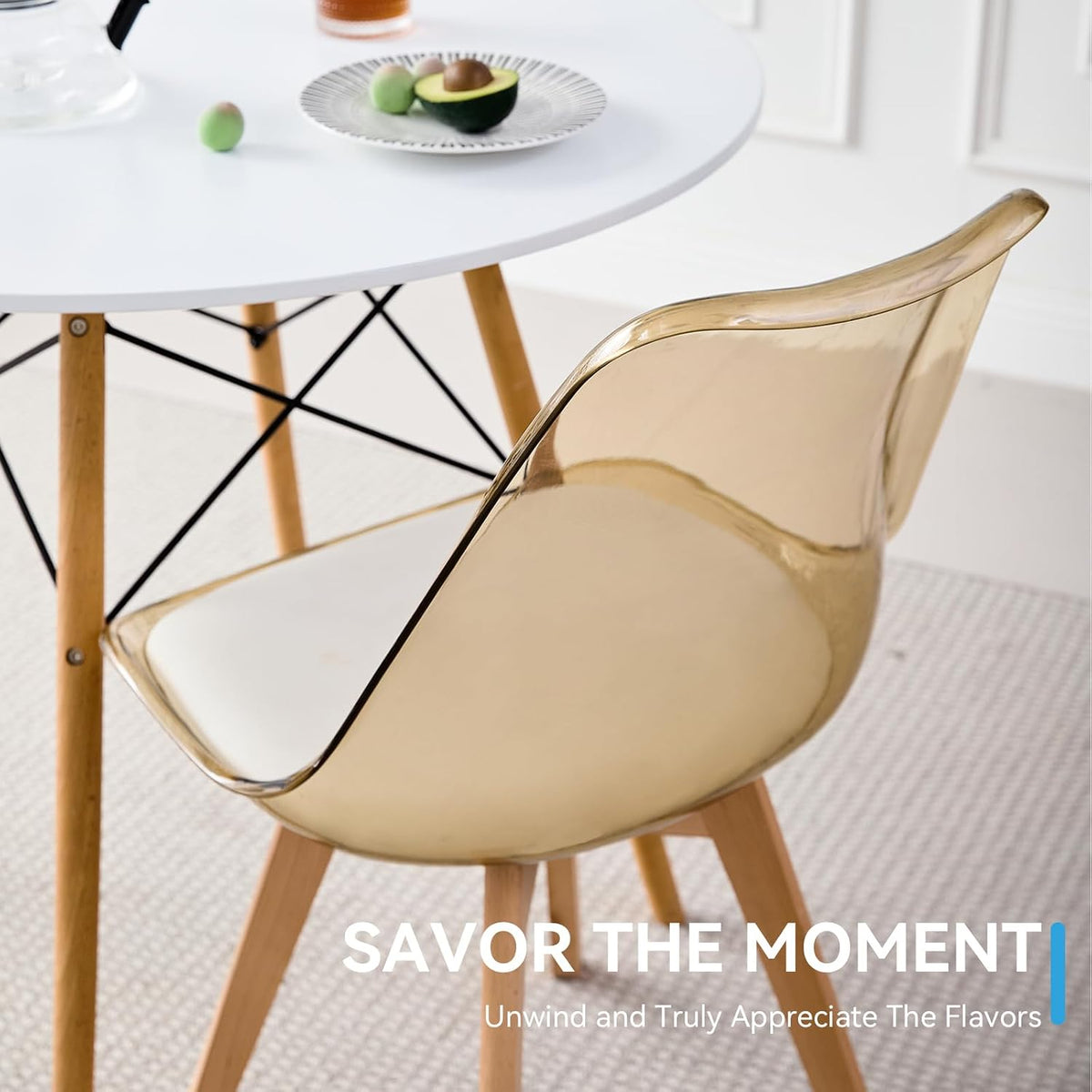 Dining Chairs Set of 4, Acrylic Mid Century Chairs, Light Brown | Clear Acrylic Backrest With Soft Padded Seat, Sturdy Wooden Legs. Ideal For Kitchen And Living Room