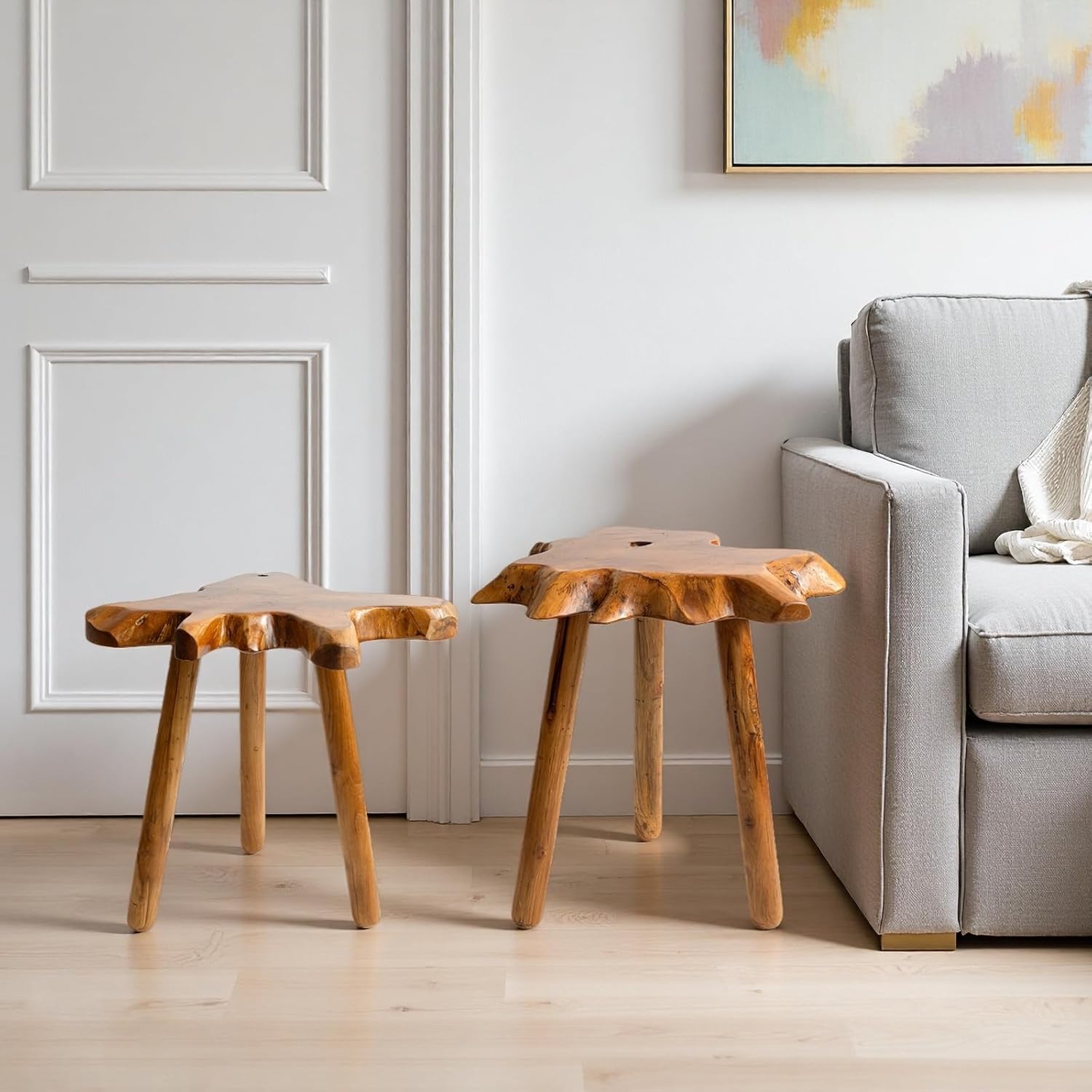 Natural Teak Wood Live Edge Side Table with Wood Legs – Rustic Side Table for Living Room, Bedroom – Sturdy Real Teak Wood End Table, Easy to Assemble (14"x16"x20" +18"x20"x20")