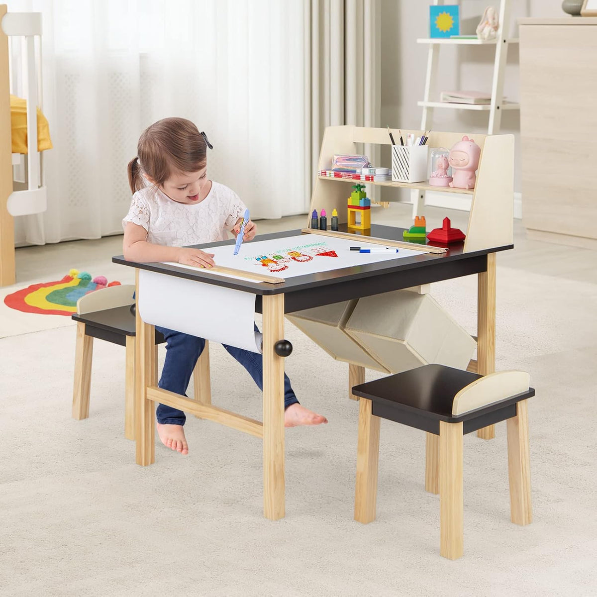 Costzon Kids Art Table and Chair Set, Wooden Activity Table and 2 Stools w/a Paper Roll, 2 Markers, 2 Storage Bins for 3+ Years Old Boys Girls Drawing Painting Craft, Toddler Table and Chairs (Brown)
