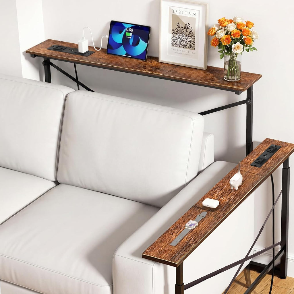 Adjustable Behind Couch Table with Outlets, Brown
