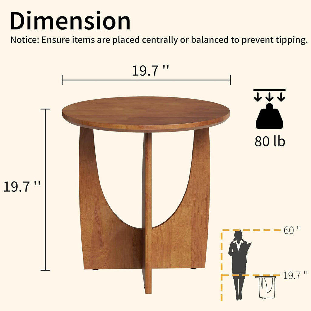 Round End Table, Solid Rubberwood Small Coffee Tables for Living Room, Mid Century Modern End Table for Bedroom, Walnut Color, 19.7''D x 19.7''H