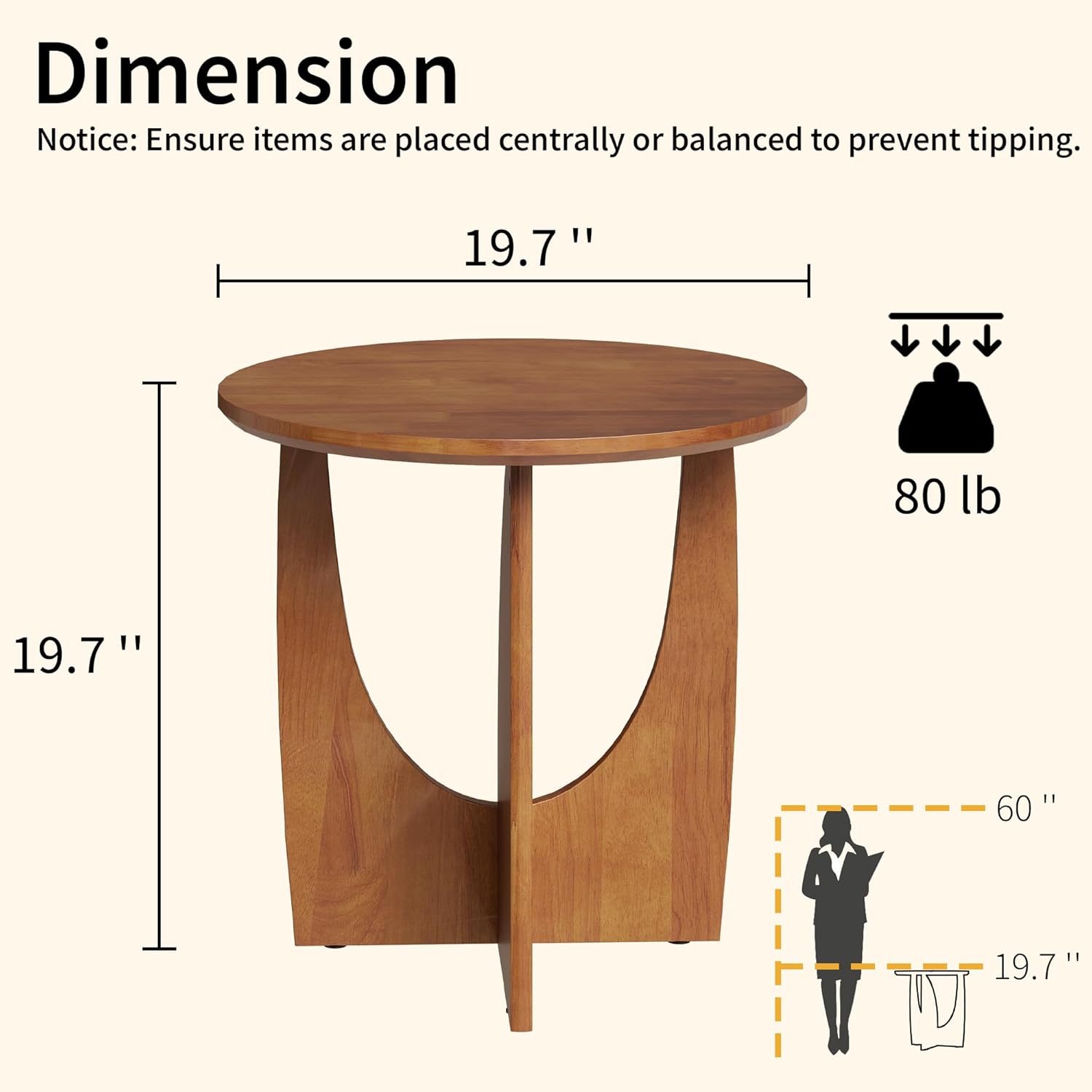 Round End Table, Solid Rubberwood Small Coffee Tables for Living Room, Mid Century Modern End Table for Bedroom, Walnut Color, 19.7''D x 19.7''H