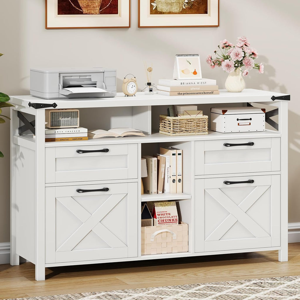 Halitaa File Cabinet with Open Storage Shelf for Home Office, White | Farmhouse, Lateral Filing Organization Storage Cabinets, 4 Drawers, Adjustable Shelf, Hanging Files Letter/A4